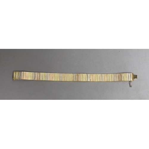 1962 - A modern Italian three colour 18ct gold bracelet, 19cm,29.3 grams.