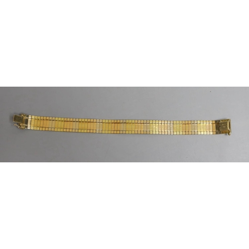 1962 - A modern Italian three colour 18ct gold bracelet, 19cm,29.3 grams.