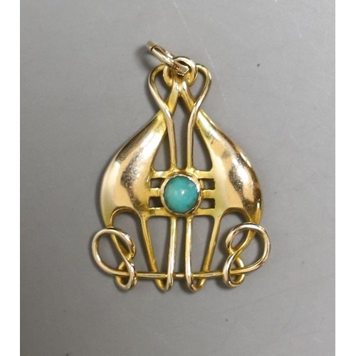 1963 - An Edwardian Art Nouveau 15ct and turquoise set pendant, 25mm, gross 2.2 grams.