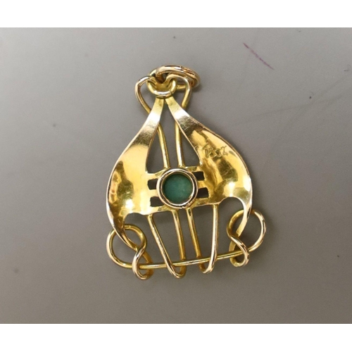 1963 - An Edwardian Art Nouveau 15ct and turquoise set pendant, 25mm, gross 2.2 grams.