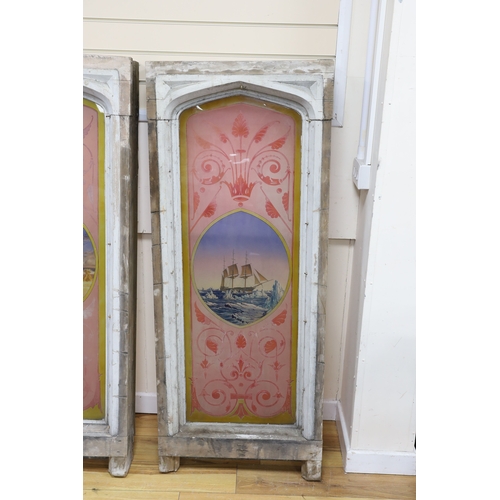 1191 - A pair of early 20th century Gothic style painted glass windows depicting an ice breaker and a corn ... 