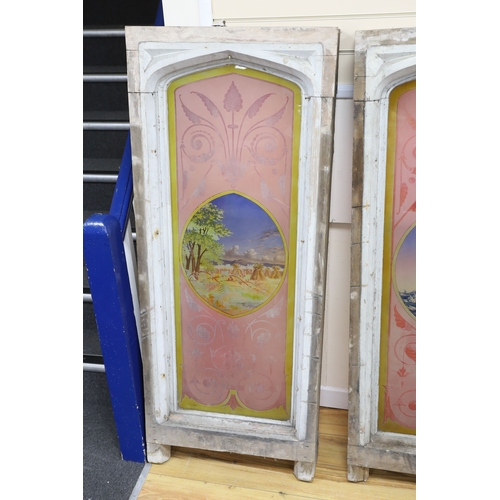 1191 - A pair of early 20th century Gothic style painted glass windows depicting an ice breaker and a corn ... 