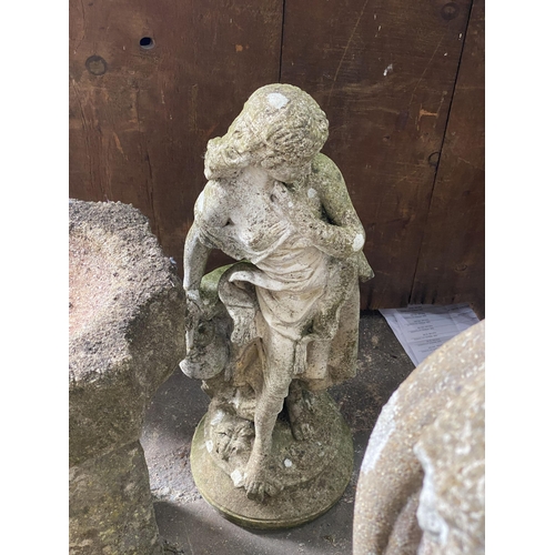 1 - A reconstituted stone figural sundial, a female bather figure, bird bath and one other garden orname... 