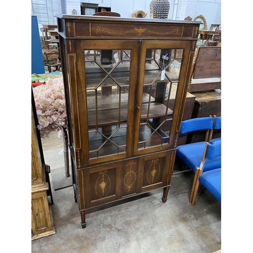 13 - An Edwardian marquetry inlaid mahogany display cabinet, width 94cm, depth 38cm, height 174cm... 