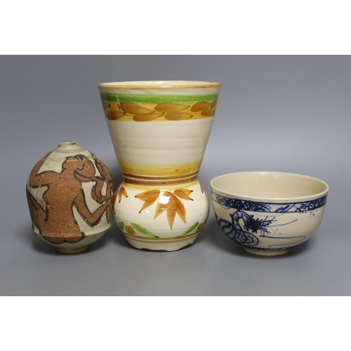 267 - Three pieces of Yolande Beer pottery, to include a vase, griffin bowl and a stoneware figural vase... 