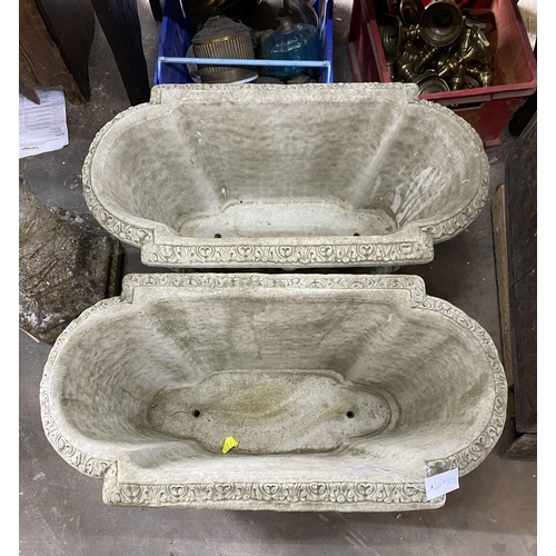 3 - A pair of shaped oval reconstituted stone garden planters with floral swag bodies, width 82cm, depth... 