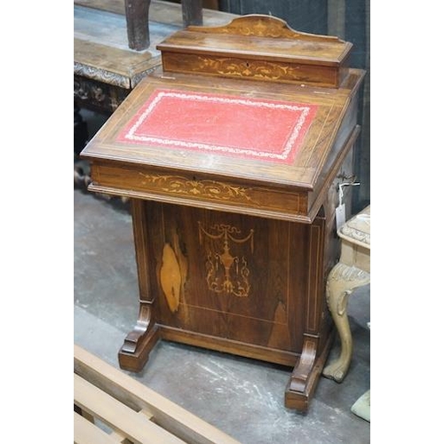 30 - A late Victorian marquetry inlaid rosewood Davenport, width 53cm, depth 54cm, height 86cm... 