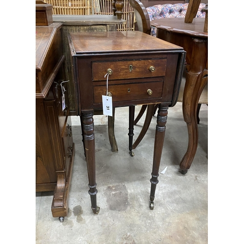 31 - A Regency mahogany drop flap work table, width 46cm, depth 35cm, height 73cm