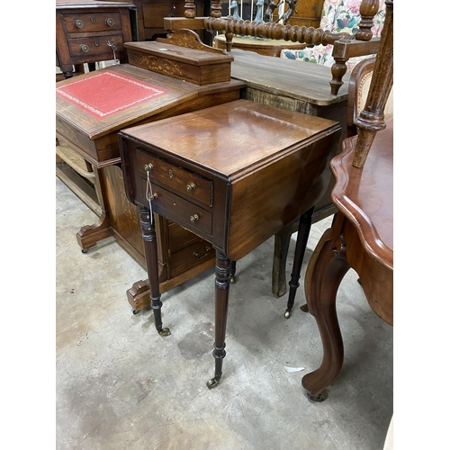 31 - A Regency mahogany drop flap work table, width 46cm, depth 35cm, height 73cm