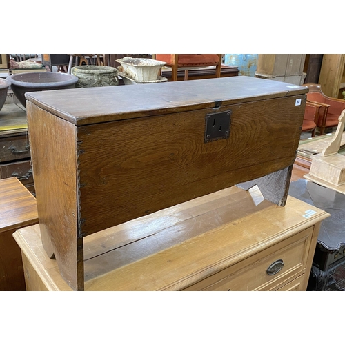 50 - An 18th century oak six plank coffer, length 91cm, depth 32cm, height 50cm