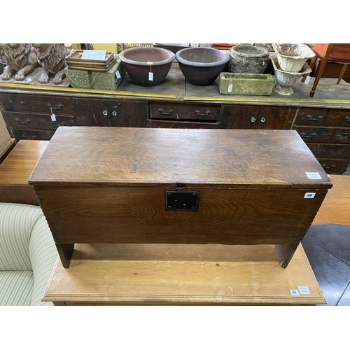 50 - An 18th century oak six plank coffer, length 91cm, depth 32cm, height 50cm