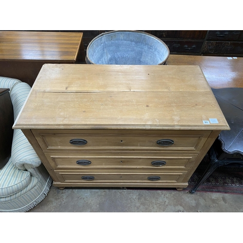 51 - A 19th century east European pine three drawer chest, width 110cm, depth 56cm, height 93cm... 