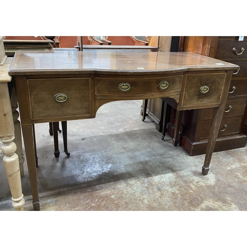 54 - An Edwardian satinwood banded mahogany bow front side table, width 116cm, depth 53cm, height 76cm... 