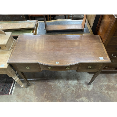 54 - An Edwardian satinwood banded mahogany bow front side table, width 116cm, depth 53cm, height 76cm... 