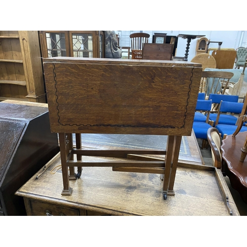 60 - An Arts & Crafts inlaid oak Sutherland table, width 56cm, depth 19cm, height 61cm