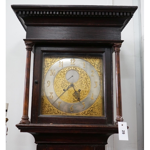 29 - A George III style oak cased longcase clock with silvered chapter ring, height 197cm