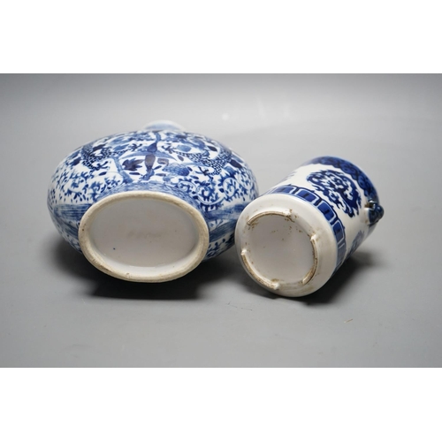 497 - A Chinese blue and white moonflask and a similar pot, late Qing, tallest  20 cms high.