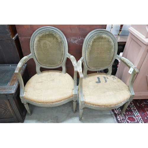 50 - A pair of Louis XVI style painted fauteuils, width 59cm, depth 50cm, height 92cm