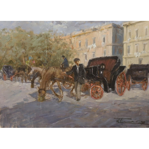 679 - Francesco Tammaro (1939-), oil on board, Carriage horse and driver, signed and dated 1970, 30 x 40cm... 