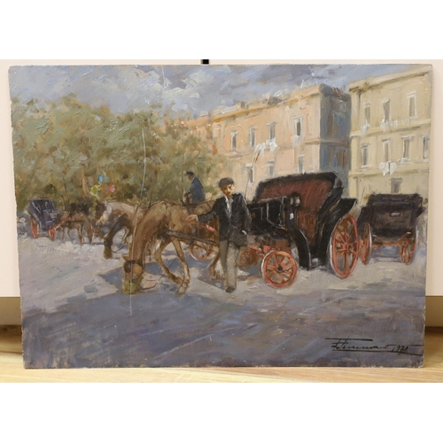 679 - Francesco Tammaro (1939-), oil on board, Carriage horse and driver, signed and dated 1970, 30 x 40cm... 