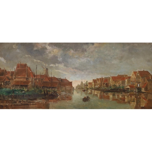 682 - Dutch School c.1900, oil on wooden panel, View of a waterside town, 23 x 50cm