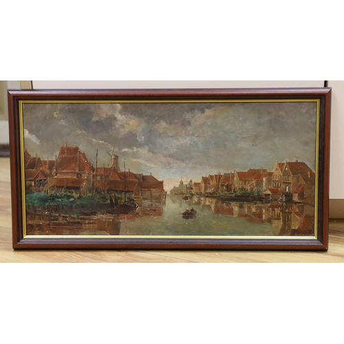 682 - Dutch School c.1900, oil on wooden panel, View of a waterside town, 23 x 50cm