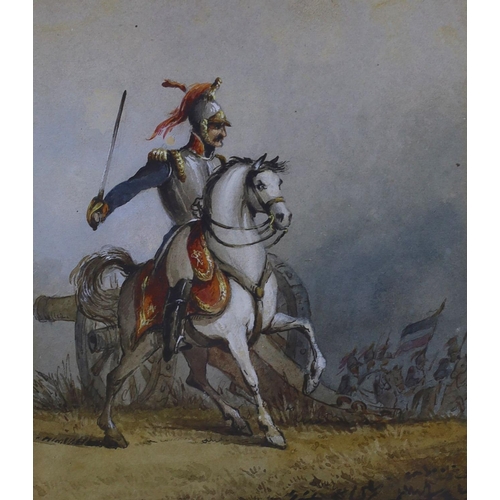 683 - 19th century French School, ink and watercolour, Cavalryman on the battlefield, 13 x 11cm... 