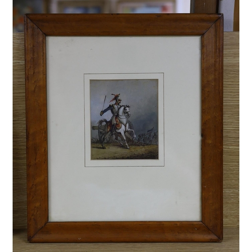 683 - 19th century French School, ink and watercolour, Cavalryman on the battlefield, 13 x 11cm... 