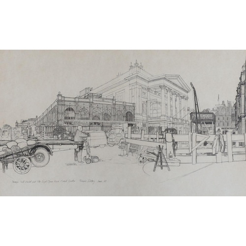 689 - Terence Dalley (1935-), monochrome print, Foreign fruit market and The Royal Opera House, Covent Gar... 