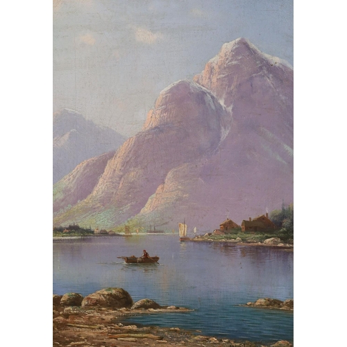 691 - Niels Hans Christiansen (1850-1922), oil on canvas, Rowing boat on a fjord, signed, 35 x 24cm... 