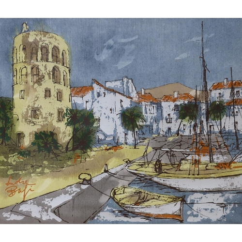 695 - Andre Bufi (Bernard Dufour, 1922-2016), ink and acrylic on canvas, Mediterranean harbour scene, sign... 