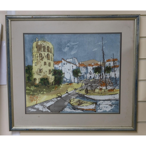 695 - Andre Bufi (Bernard Dufour, 1922-2016), ink and acrylic on canvas, Mediterranean harbour scene, sign... 