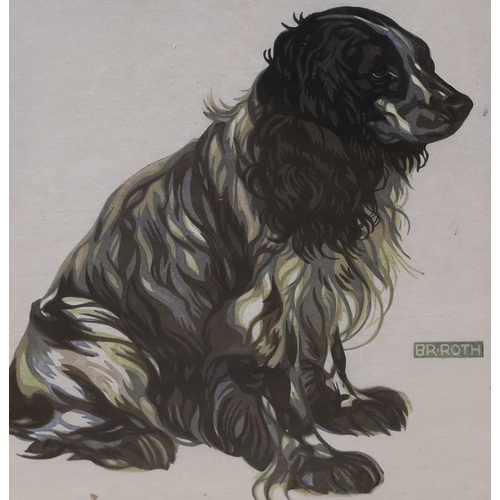 696 - Norbertine Bresslern Roth (Austrian, 1891-1978), coloured wood engraving, Seated spaniel, signed in ... 