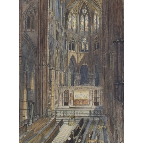 698 - SL (19th C.), watercolour, Interior of Westminster Abbey from the old organ screen, c.1865, monogram... 