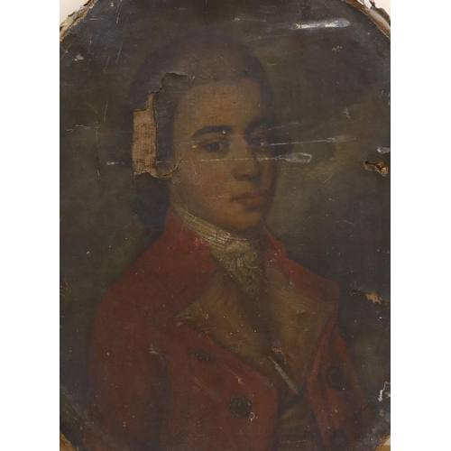 700 - Late 18th century English School, oil on canvas, Portrait of a gentleman wearing a red coat, oval, 6... 