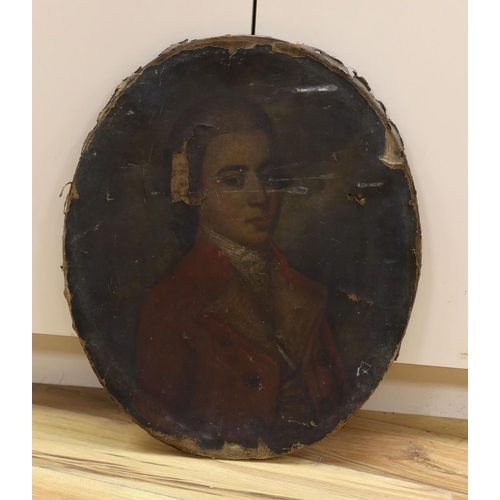 700 - Late 18th century English School, oil on canvas, Portrait of a gentleman wearing a red coat, oval, 6... 