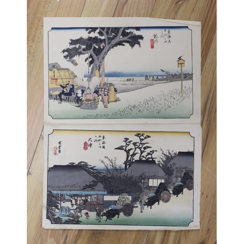 701 - Hiroshige, two woodblock prints, Stations of the Tokaido Road, 25 x 37cm, unframed