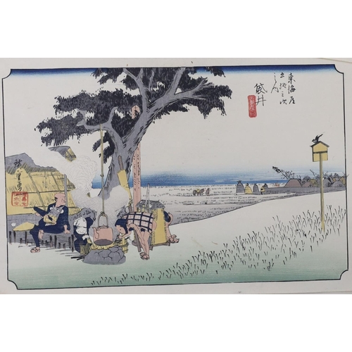 701 - Hiroshige, two woodblock prints, Stations of the Tokaido Road, 25 x 37cm, unframed