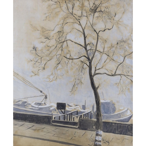 705 - Margery Oliver (fl.1938-40), watercolour, 'River mist', signed, 1940 Leicester Galleries Exhibition ... 