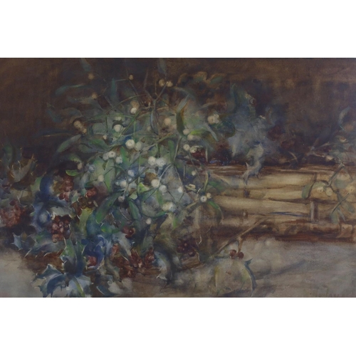 709 - Hannah Hoyland, watercolour, Still life of mistletoe and holly, signed, 32 x 47cm