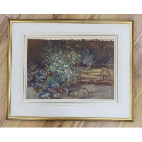 709 - Hannah Hoyland, watercolour, Still life of mistletoe and holly, signed, 32 x 47cm