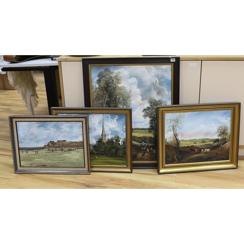 714 - Raymond Price (20th century), four oils on board, Landscape after Constable, Beach scene, Salisbury ... 