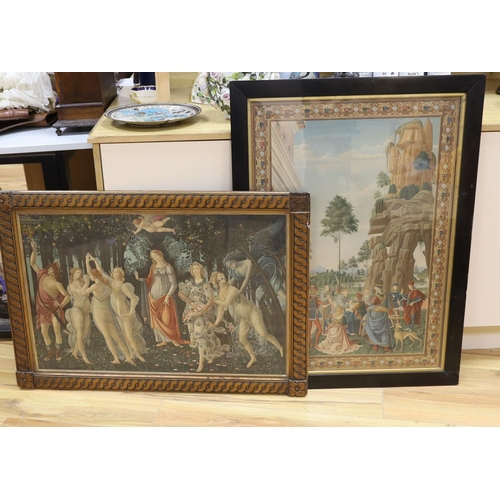 715 - After Botticelli, two colour prints, 'Primavera', 53 x 82cm and 'The Miracles of St Bernardino', 85 ... 