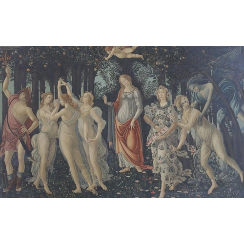 715 - After Botticelli, two colour prints, 'Primavera', 53 x 82cm and 'The Miracles of St Bernardino', 85 ... 