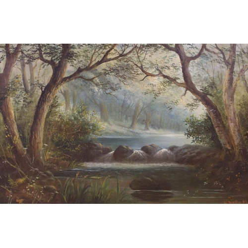 719 - G. Martin, pair of oils on board, Wooded river landscape and Loch scene, one signed and dated '82, 3... 