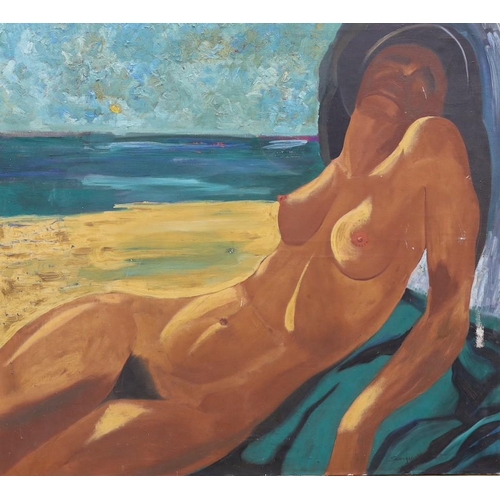 721 - Modern Continental, oil on canvas, Female nude on a beach, indistinctly signed, 110 x 120cm, unframe... 