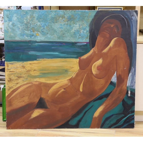 721 - Modern Continental, oil on canvas, Female nude on a beach, indistinctly signed, 110 x 120cm, unframe... 