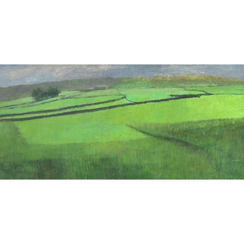 724 - Fred Whitehead, oil on board, Open landscape, 29 x 59cm