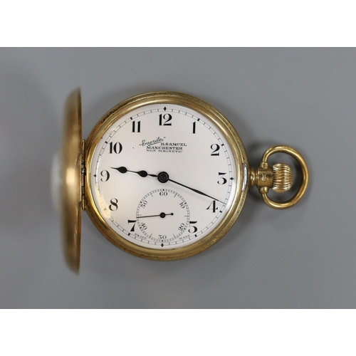 936 - A George V 9ct gold half hunter keyless pocket watch by Samuel of Manchester, case diameter 49mm, gr... 