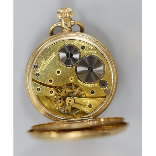 936 - A George V 9ct gold half hunter keyless pocket watch by Samuel of Manchester, case diameter 49mm, gr... 